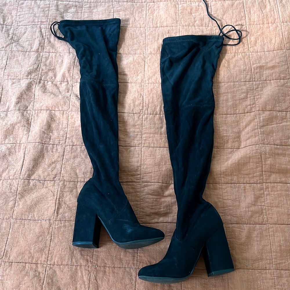 Thigh high velvet heeled boots